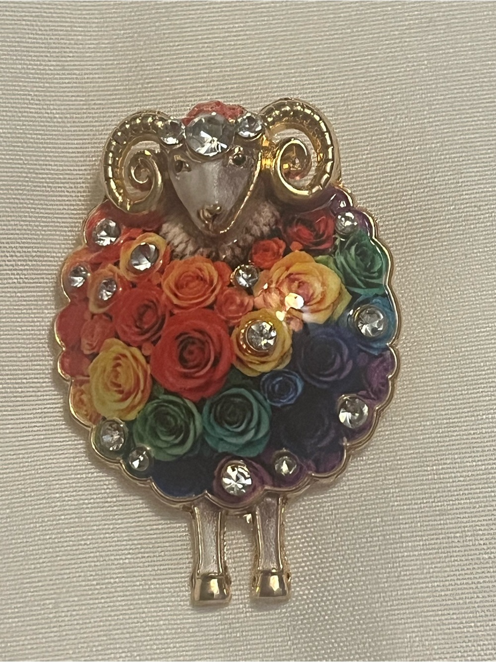 Gold-Tone Multicolor Floral Ram Brooch Pin